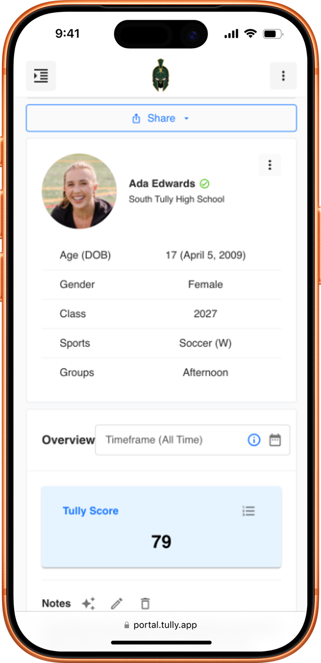 Tully athlete portal on an iPhone
